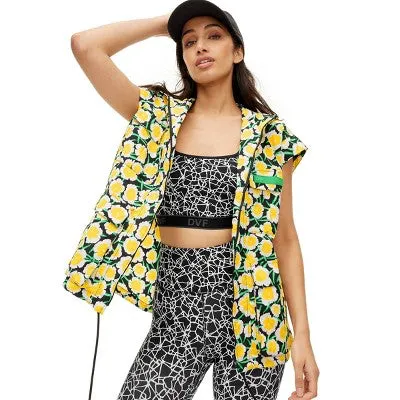 Women's Nylon Packable Yellow Poppy Short Sleeve Hooded Vest - DVF